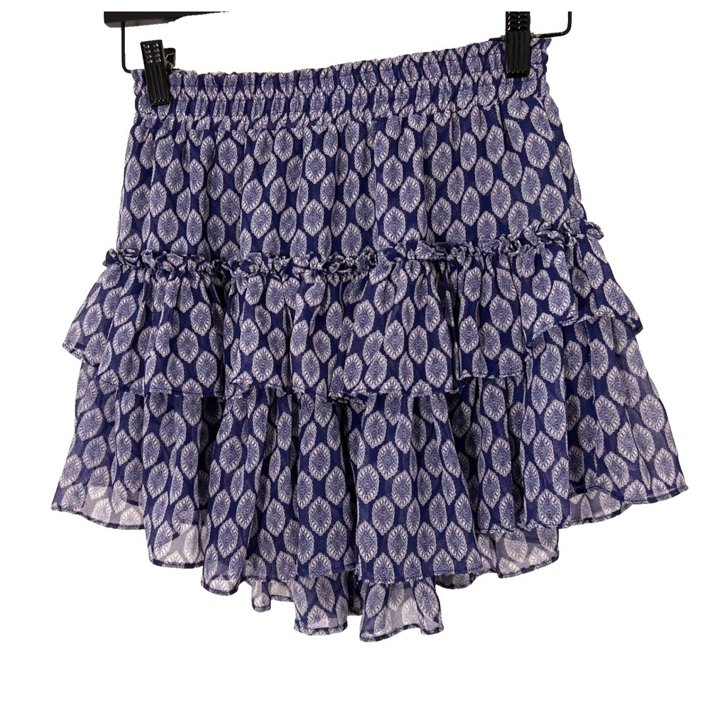 MISA LA Tiered Mini Skirt Size XS Blue Ruffle Geometric Frilly Resort Boho